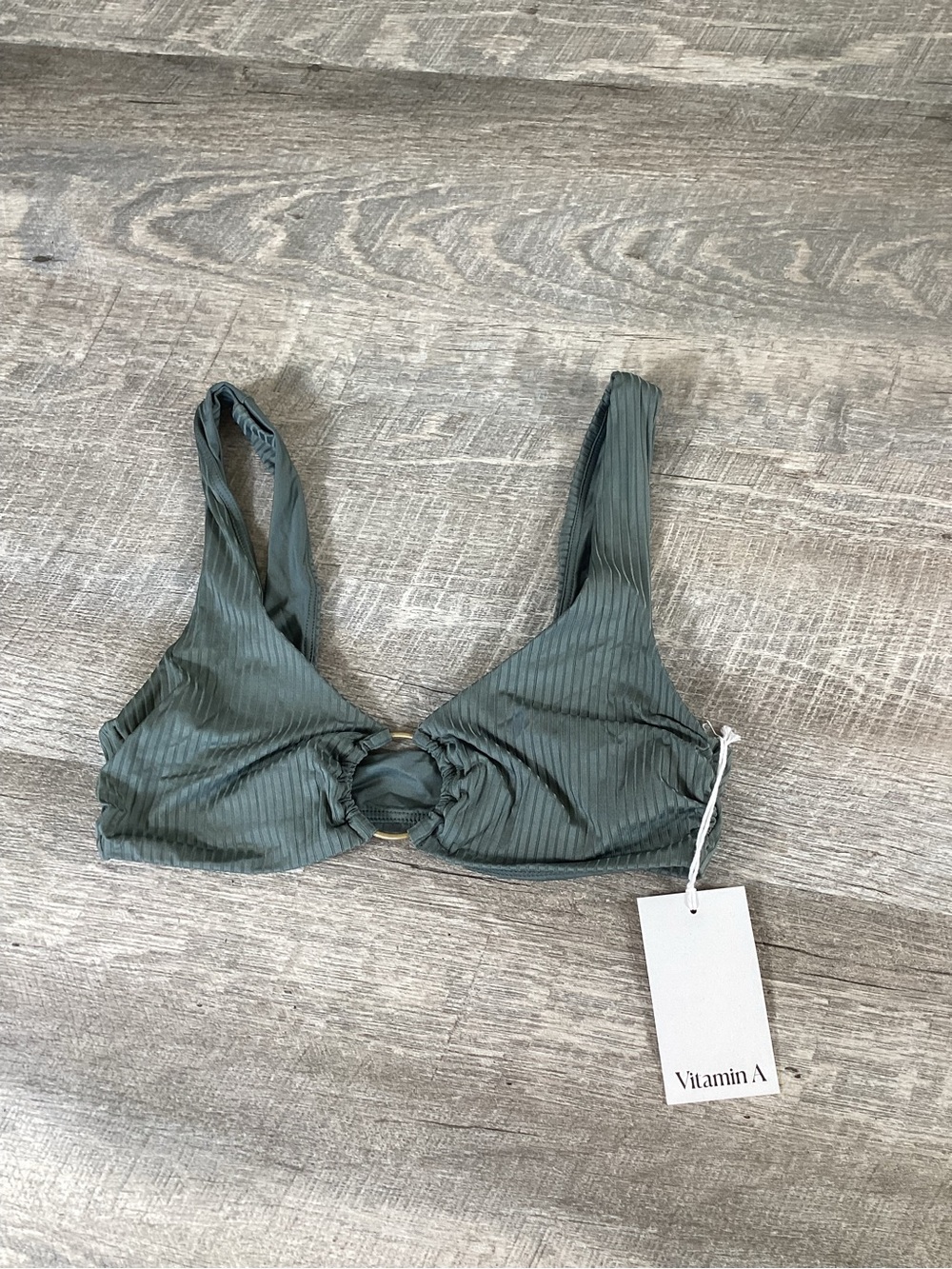 Vitamin A Ribbed Bikini Top Sage Green Ring Front Size M NWT